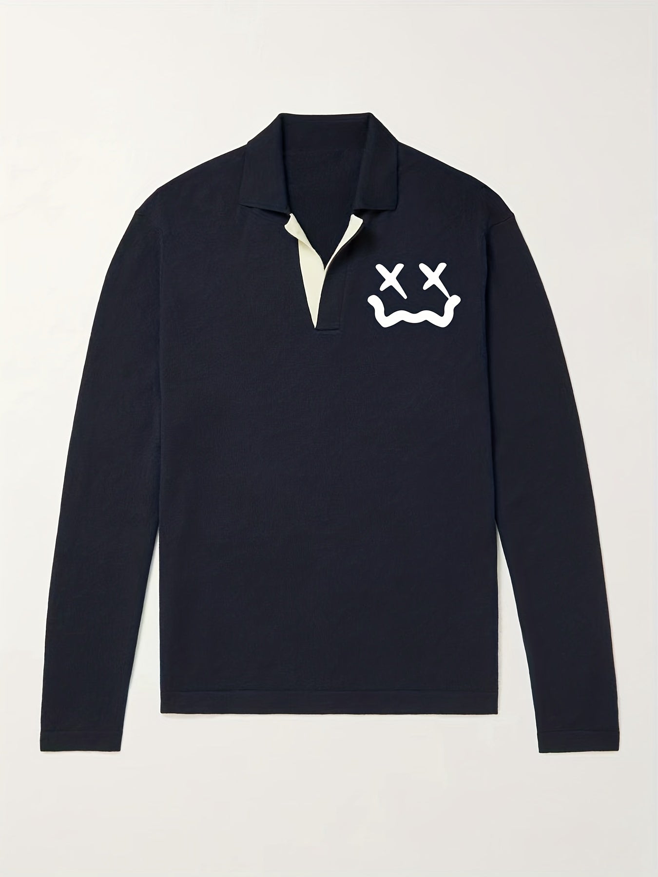 Cross Eyes Face Pattern Knit Polo Shirt Men's Casual Lapel V Neck