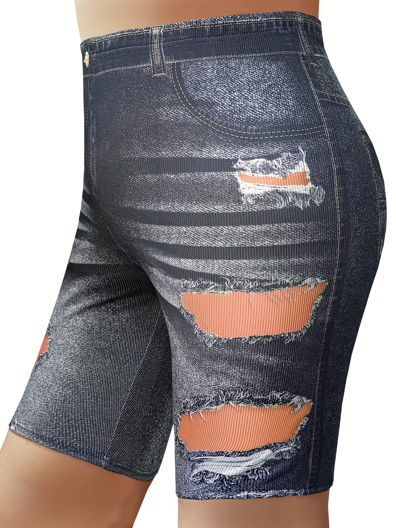  Denim & Ripped Print High Rise Skinny Shorts