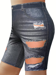  Denim & Ripped Print High Rise Skinny Shorts