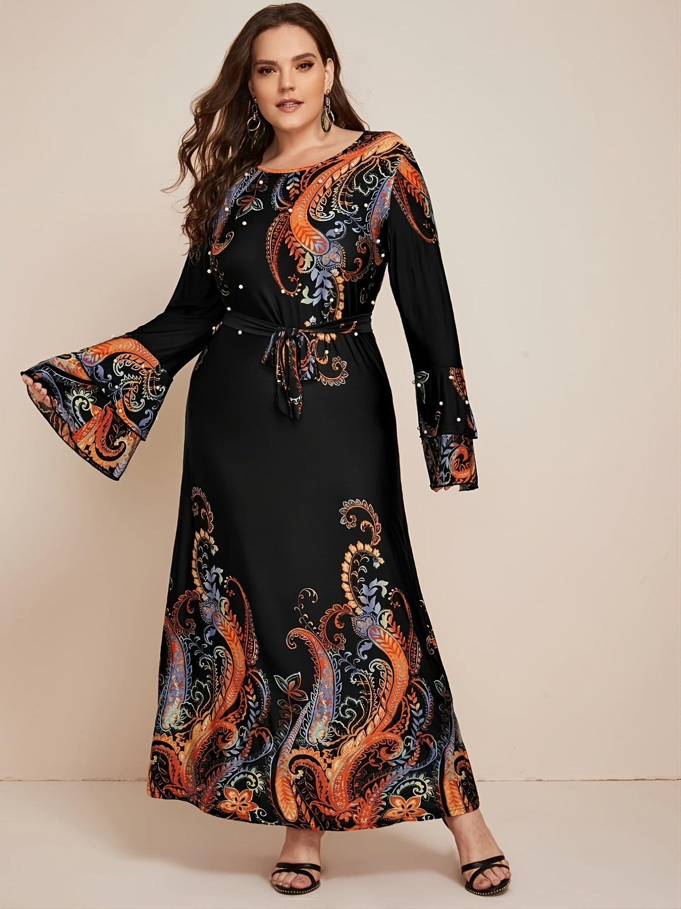 Floral Beaded Pearl Bell Sleeve Maxi Dress Plus Medium