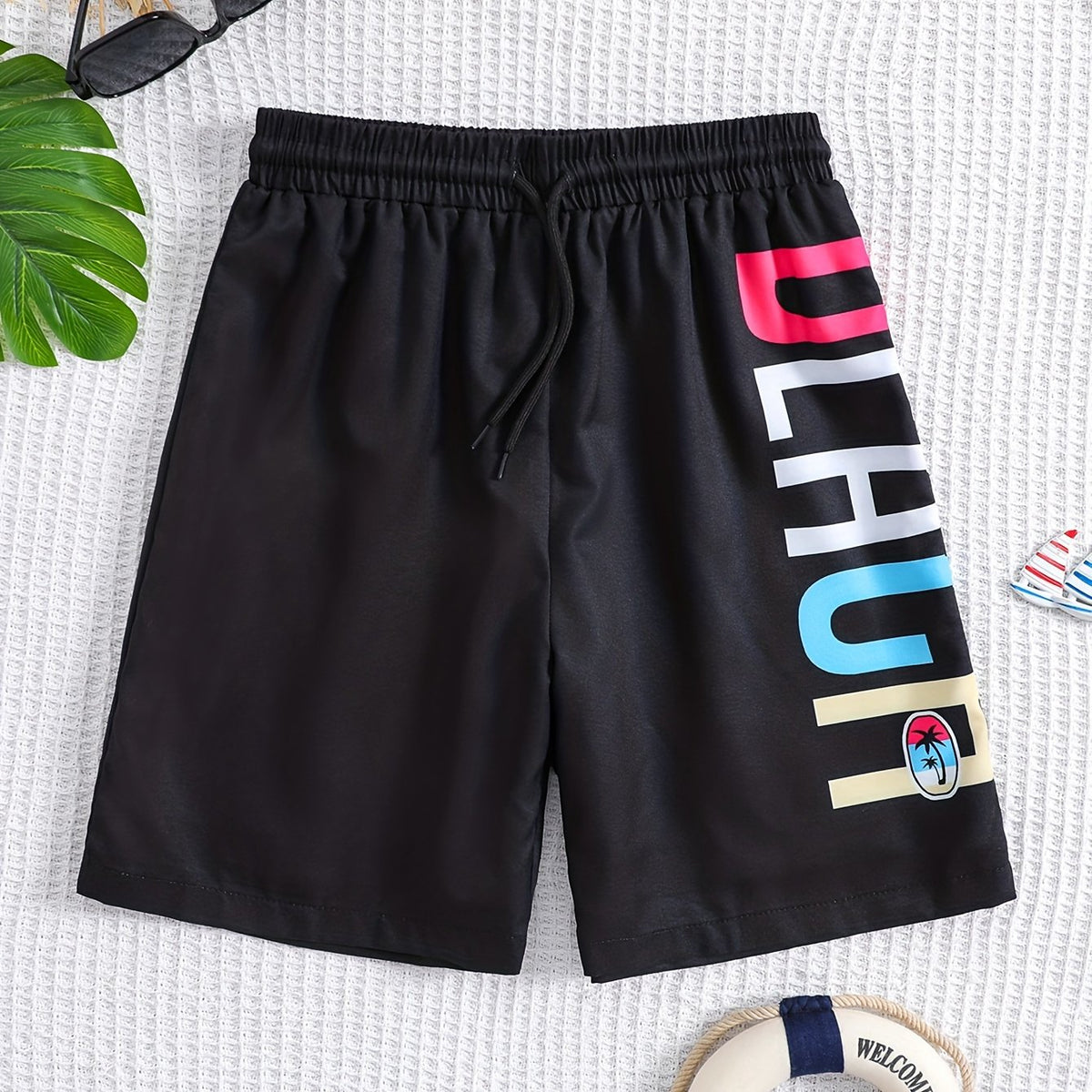 Boys Swim Trunks Elastic Waist Beach Pants BEACH Print Swim Shorts