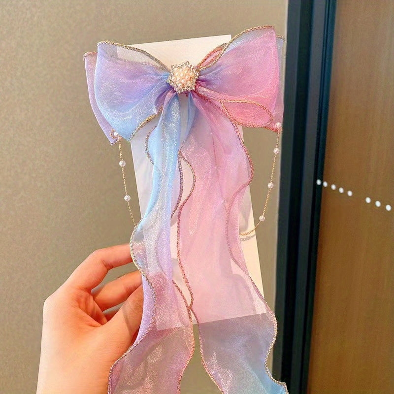 Colorful Bow Ribbon Faux Pearl Chain Hair Clip Princess Lace Barrettes