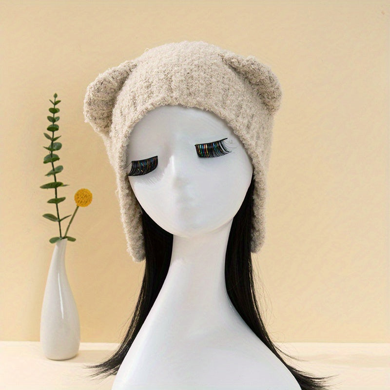 Bear Ears Knit Hat Solid Fleece Beanie Warm Animal Hat Ear Protection