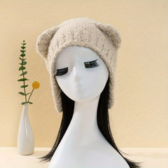 Bear Ears Knit Hat Solid Fleece Beanie Warm Animal Hat Ear Protection