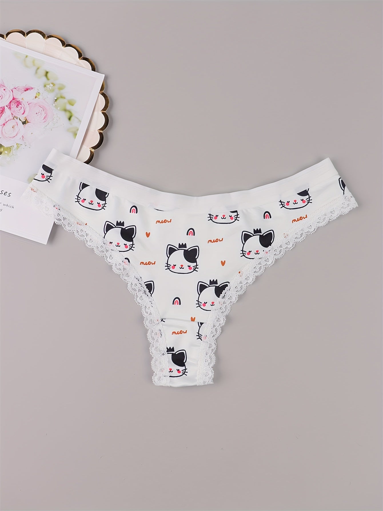 5 Pack Plus Size Panties Set Women's Plus Cat & Heart & Daisy Print