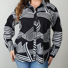  Abstract Stripe Print Button Up Blouse