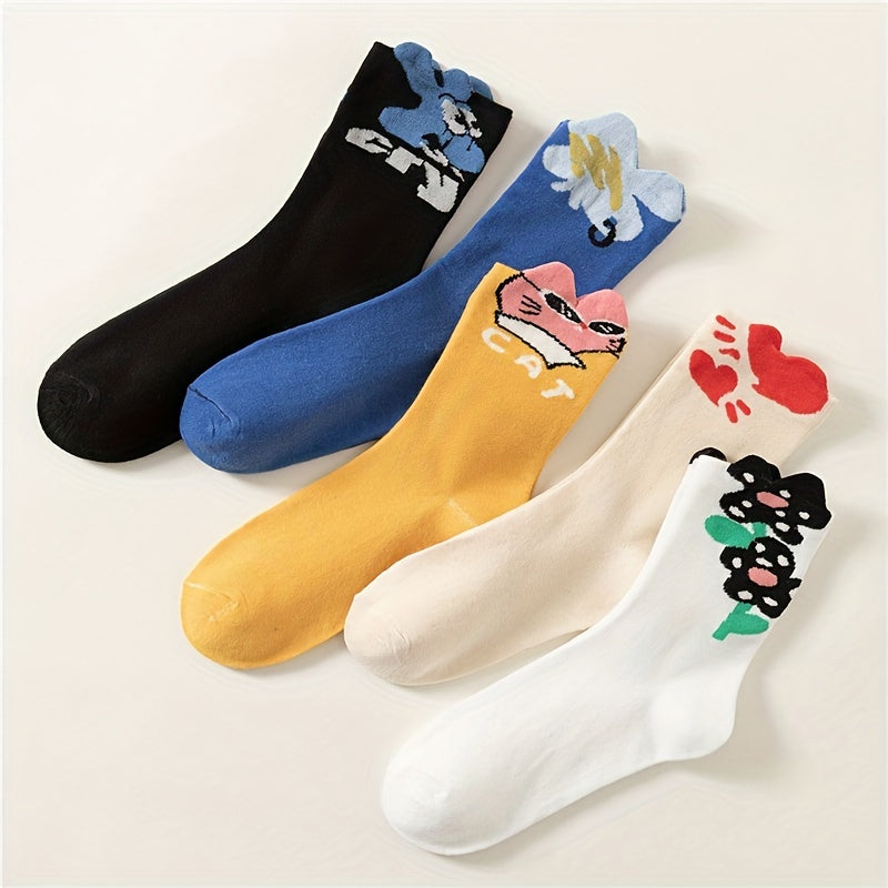 5 Pairs Cartoon Print Socks & Funny Mid Tube Socks for Women