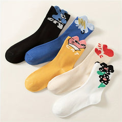 5 Pairs Cartoon Print Socks & Funny Mid Tube Socks for Women