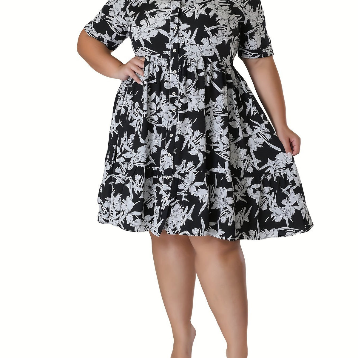  Floral Print Short Sleeve Polo Neck Shirt Dress