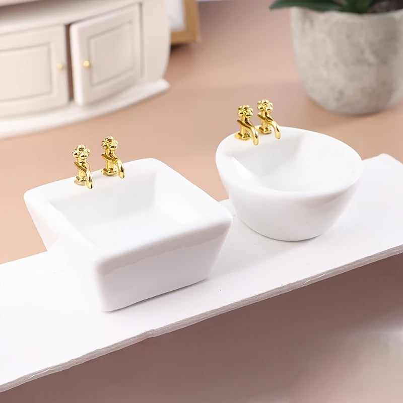 1pc Ceramic Mini Washbasin Sinks with Golden Faucets Dollhouse DIY Kit
