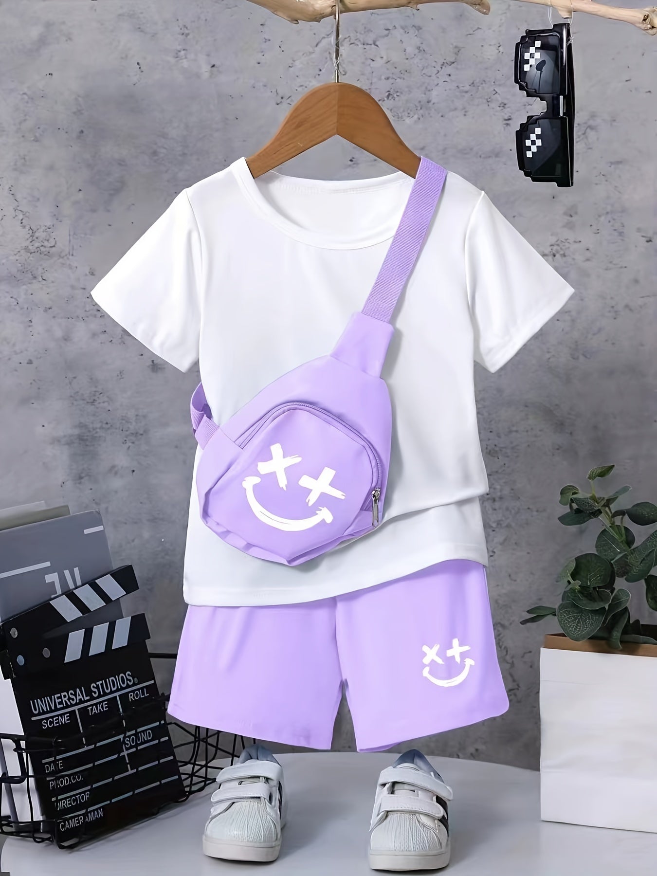 3pcs Boys Happy Face Print T shirt & Shorts & Bag Summer Clothes Sets