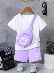 3pcs Boys Happy Face Print T shirt & Shorts & Bag Summer Clothes Sets