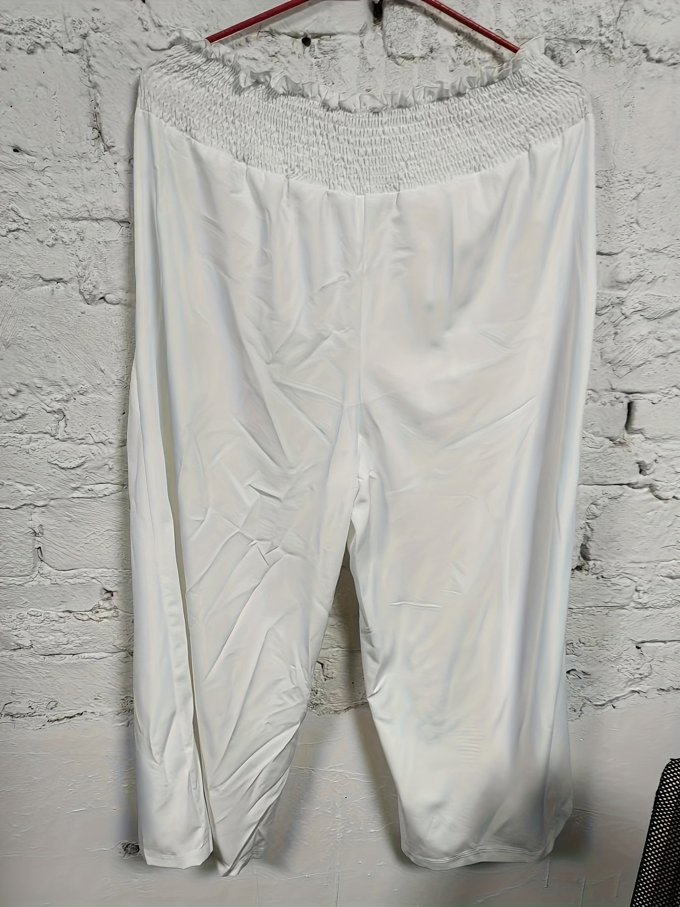  Wide Leg Pants Shirred Waist High Rise Solid Casual