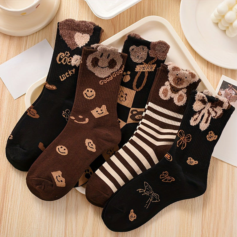 5 Pairs Cute Cartoon Print Comfy Mid Tube Women's Socks