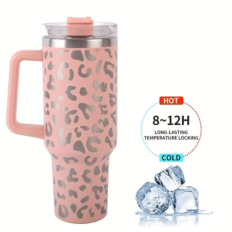 Leopard Print 40oz Insulated Tumbler w/ Handle & Straw Lid Stainless Steel