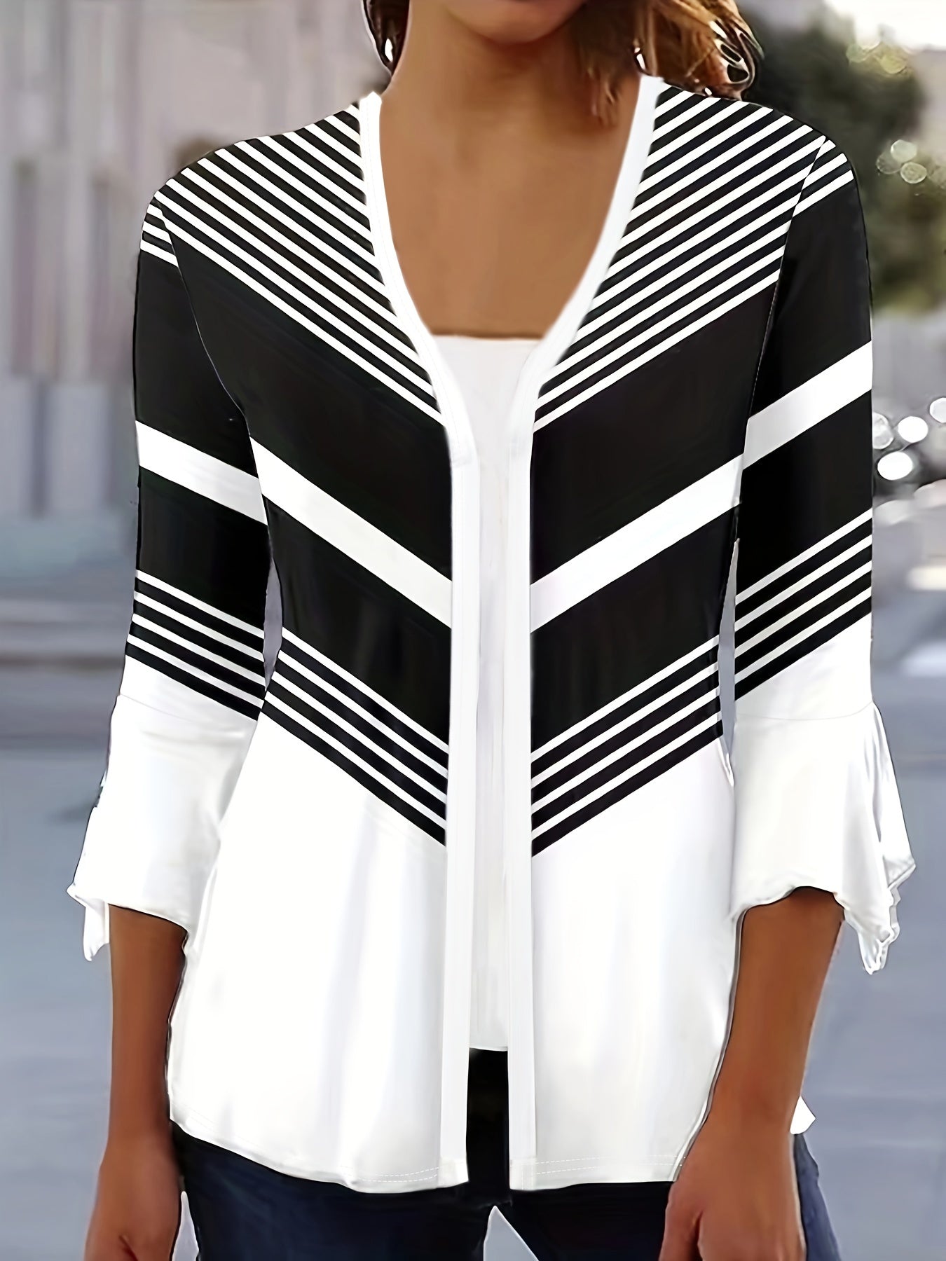  Colorblock Striped Bell Sleeve Cardigan