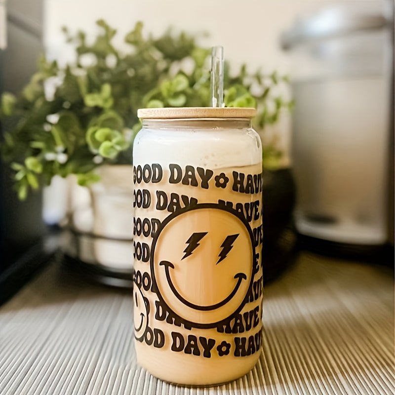 Smiley Face Glass Cup Set with Lid & Straw Holiday Gift