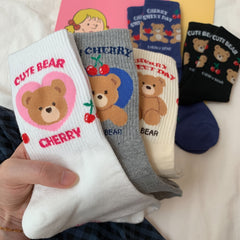 5 Pairs Cartoon Bear Print Socks Soft Mid Tube Women's Stockings