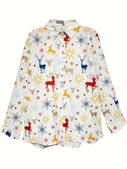  Women's Reindeer & Snowflake Print Long Sleeve Blouse