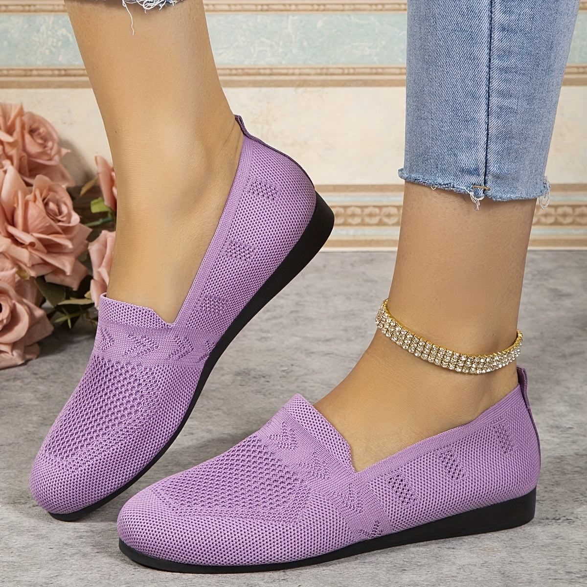 Women's Knit Flat Shoes Lightweight Slip On Soft Sole Casual Walking Flats