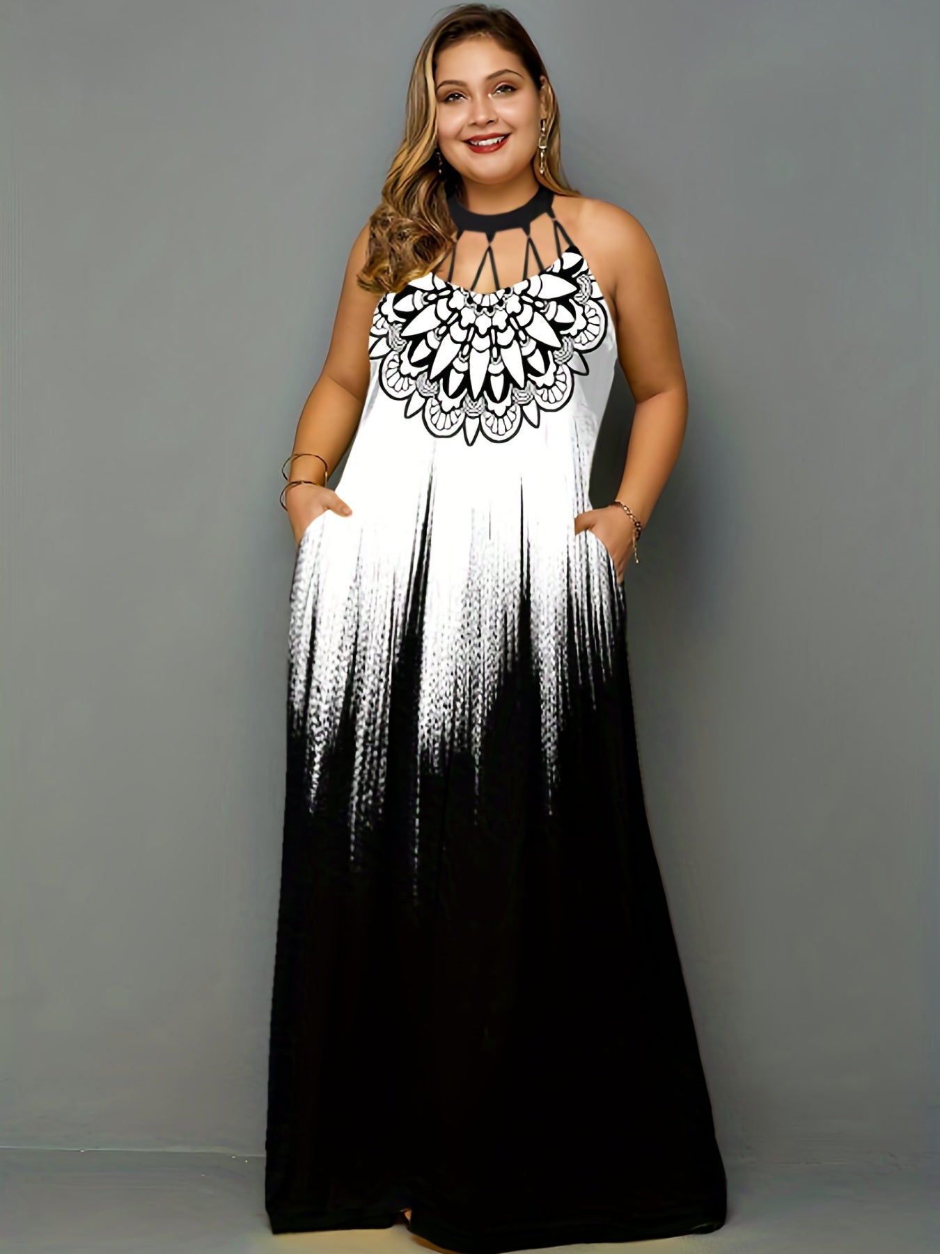  Ombre & Tile Print Cut Out Maxi Dress