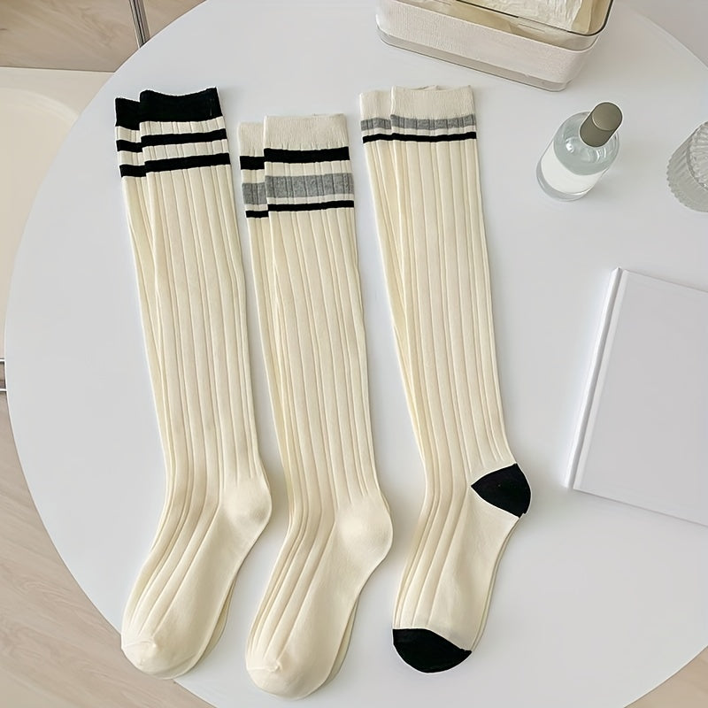 3 Pairs Striped Calf Socks College Style Knee High Socks Women's Stockings