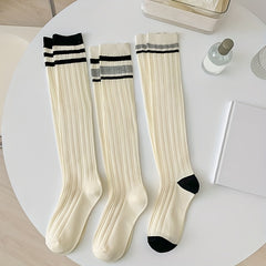 3 Pairs Striped Calf Socks College Style Knee High Socks Women's Stockings