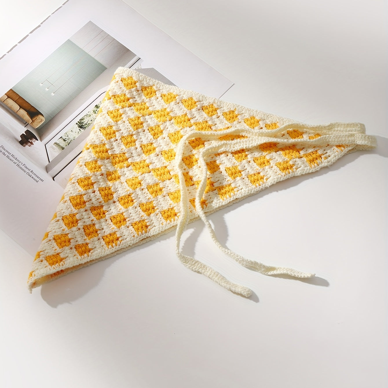Checkered Crochet Bandana Plaid Triangle Headband Women's Knitted Hair Band