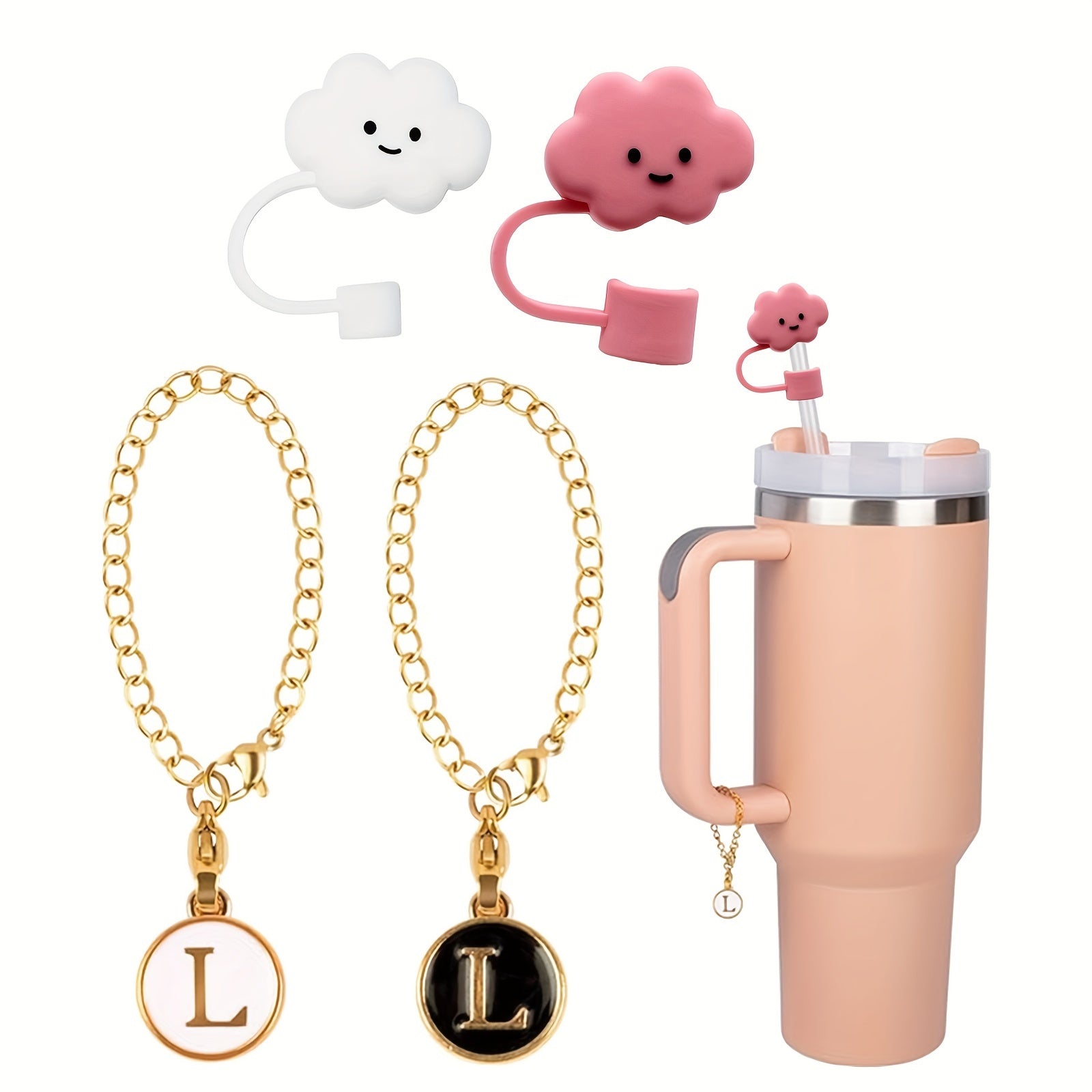 2pcs Round Letter Pendant for Cup Handle + 2pcs Dustproof Straw Covers