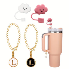 2pcs Round Letter Pendant for Cup Handle + 2pcs Dustproof Straw Covers