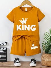 Boy's KING Crown Print T-shirt & Shorts Set for Summer