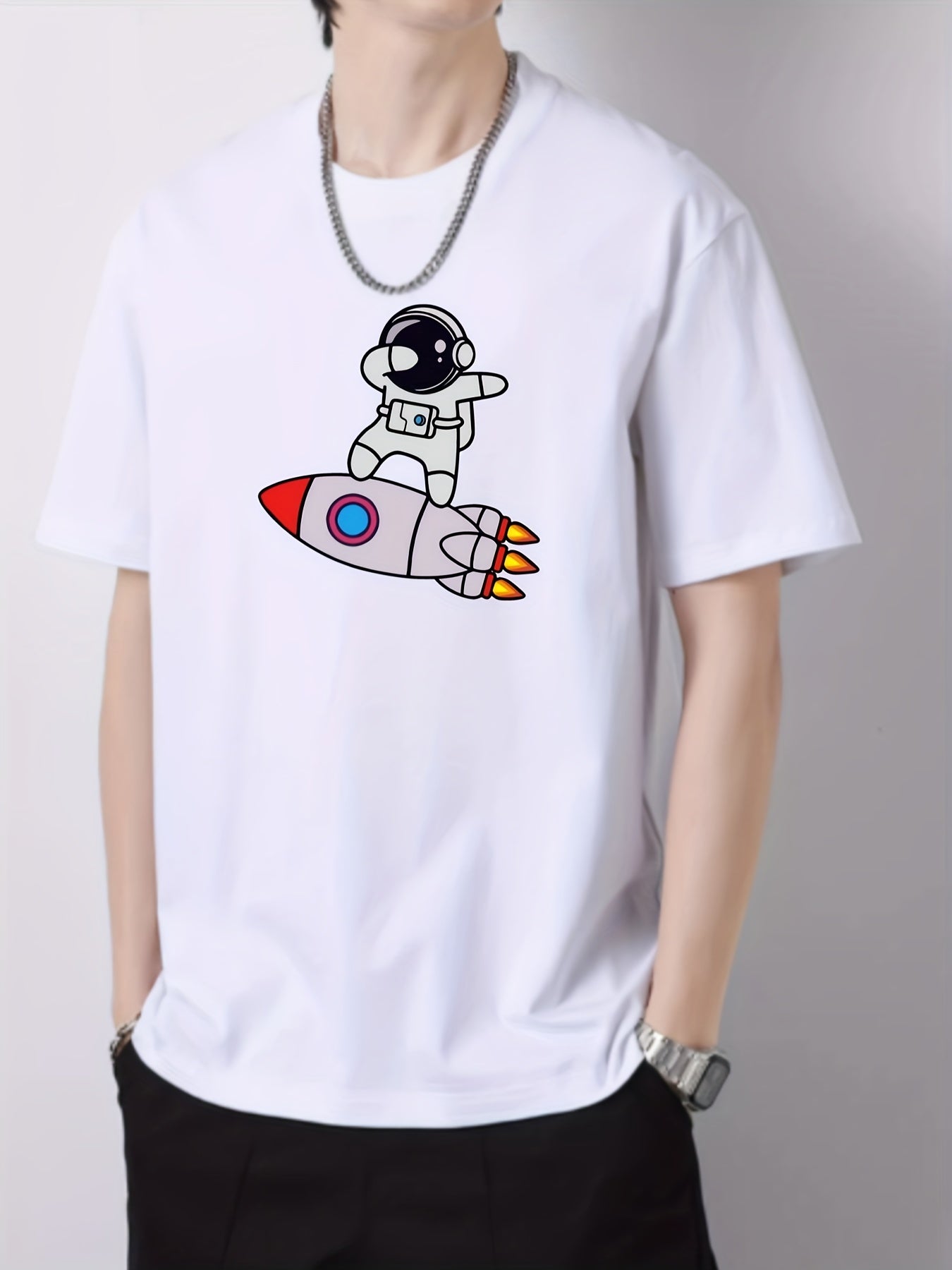Rocket & Astronaut Pattern Print Men's Graphic Cotton Crew Neck T-shirt