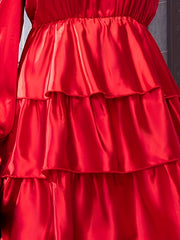  Solid Lantern Sleeve Ruffle Trim Dress