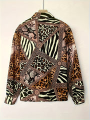  Colorblock Leopard Print Button Up Lantern Sleeve Blouse