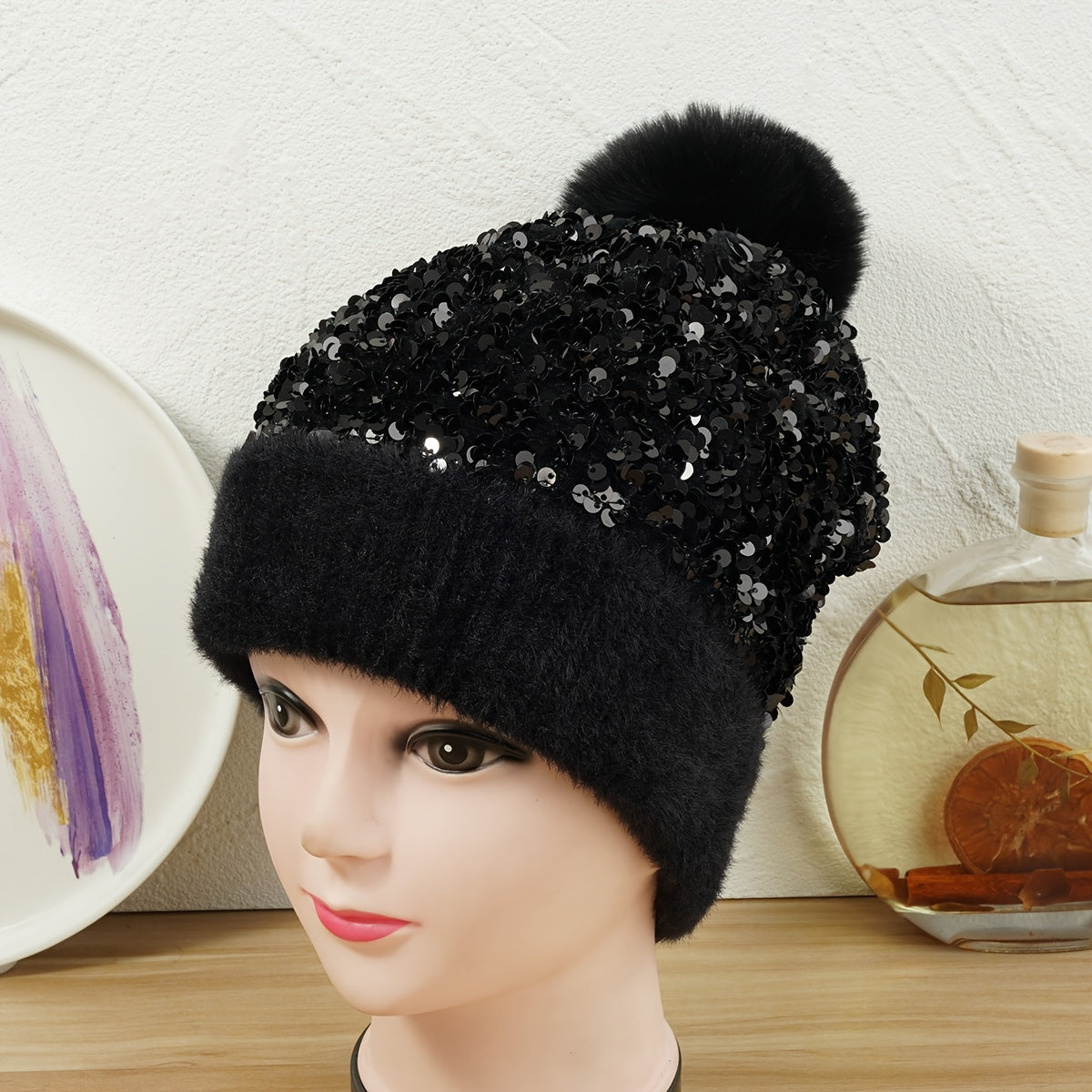 Sequins Knitted Beanie Hat for Women Ear Protection Warm Winter Gift