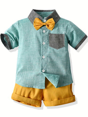 2pcs Toddler Boys Gentleman Outfit Short Sleeve Button Pocket Bowtie Shirt & Sho