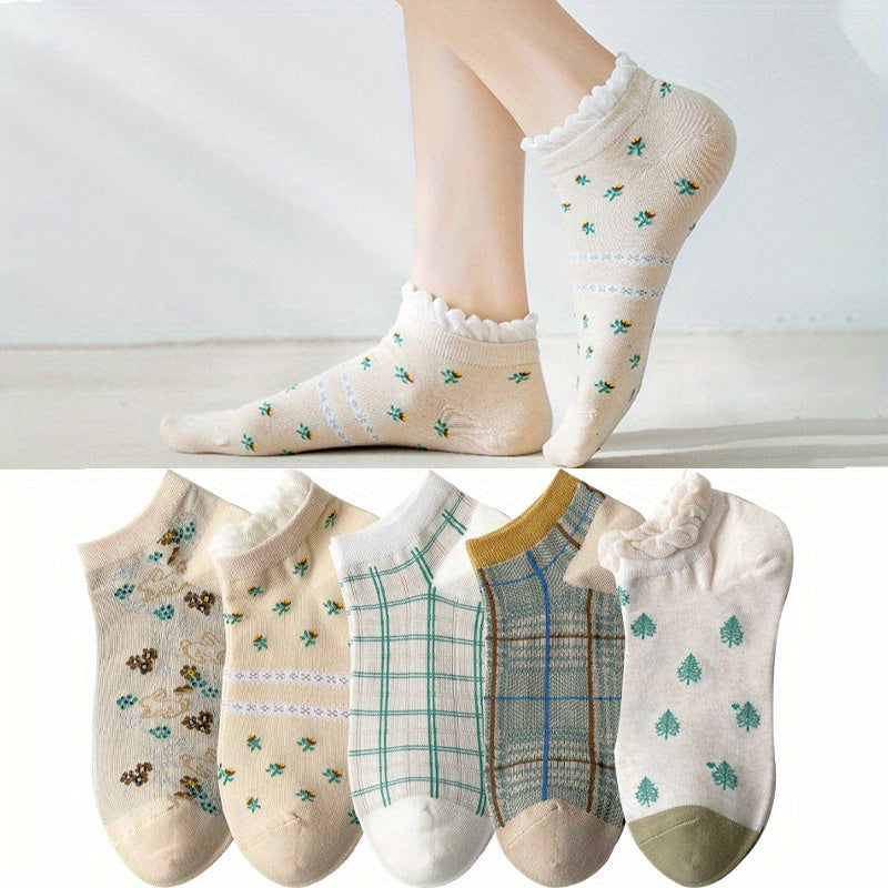 Floral Print & Ruffle Ankle Socks for Women