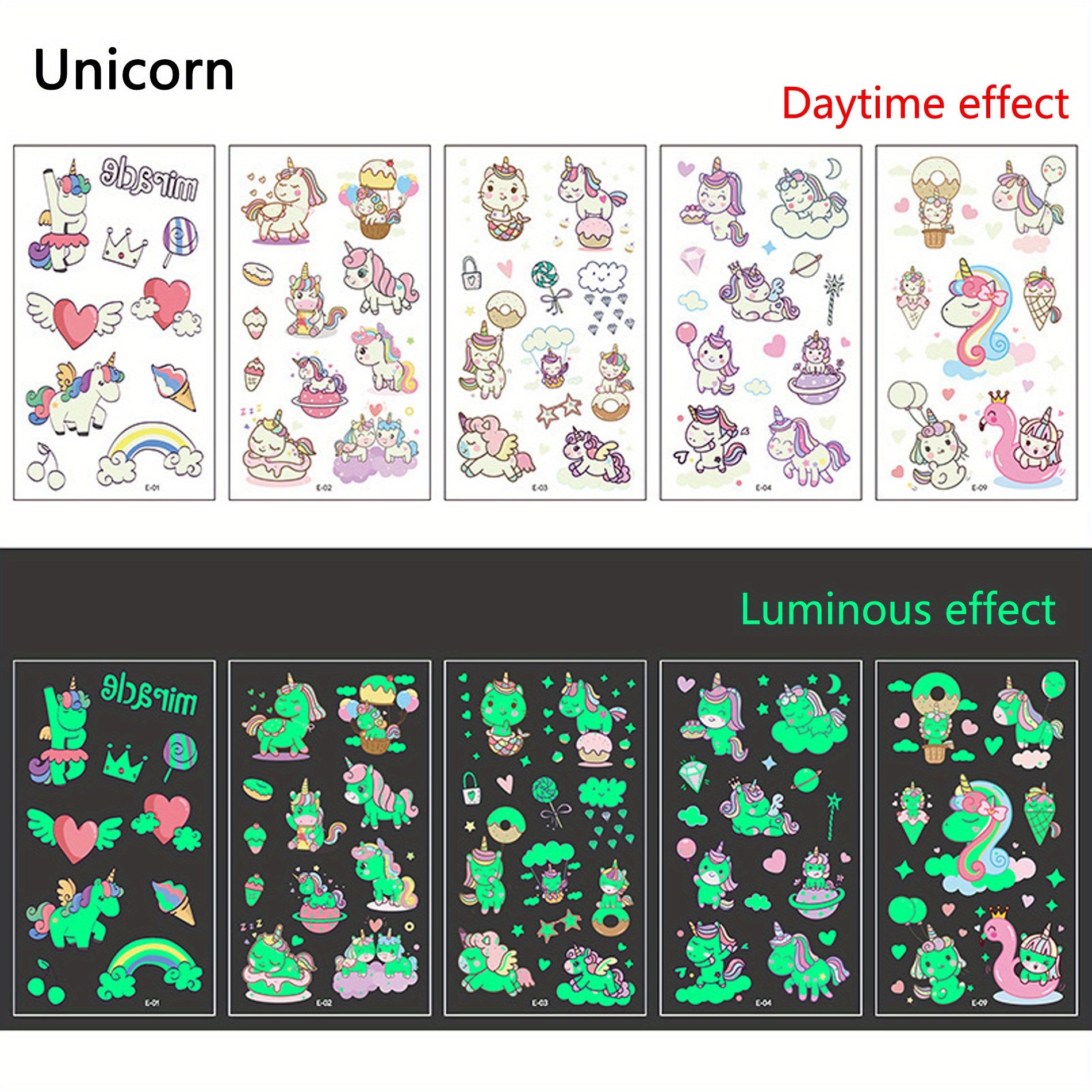 Luminous Tattoo Stickers Set for Children Princess Unicorn Butterfly