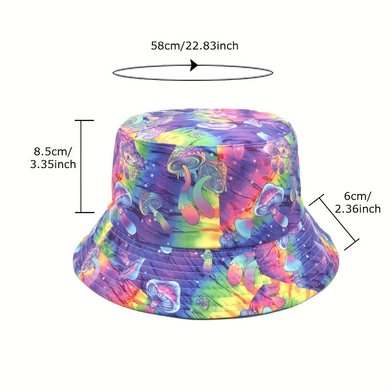 Y2K Rainbow Mushroom Bucket Hat Tie Dye Print Reversible Fisherman Cap