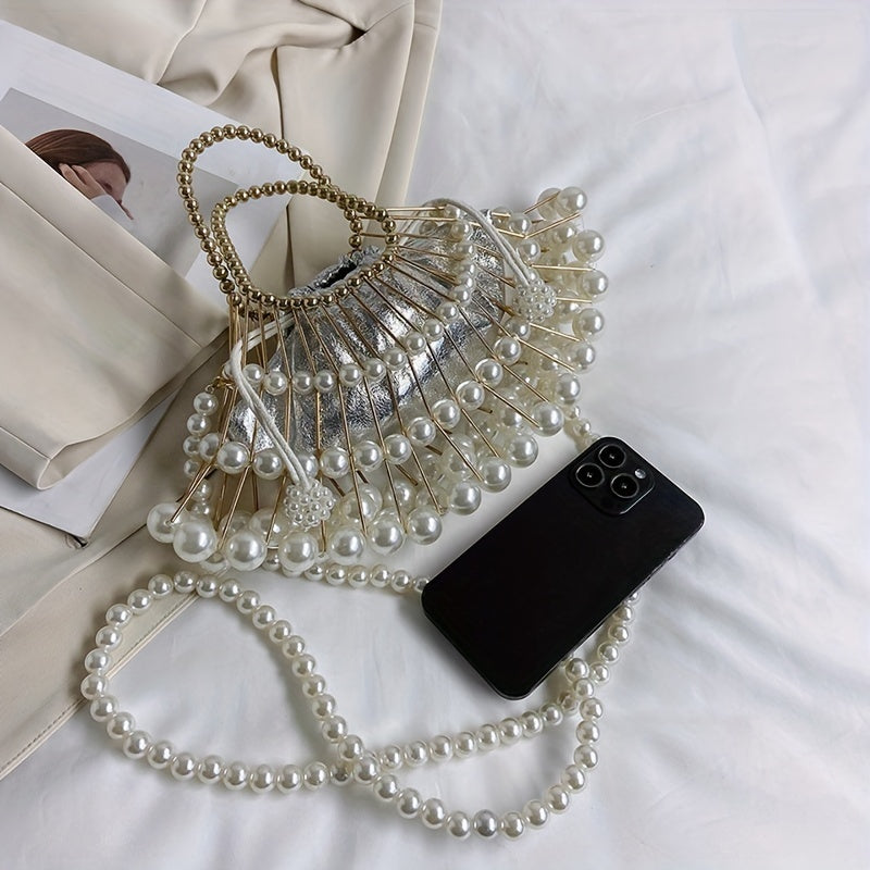 Fan Shaped Niche Hollow Bag Woven Faux Pearl Metal Dinner Bag