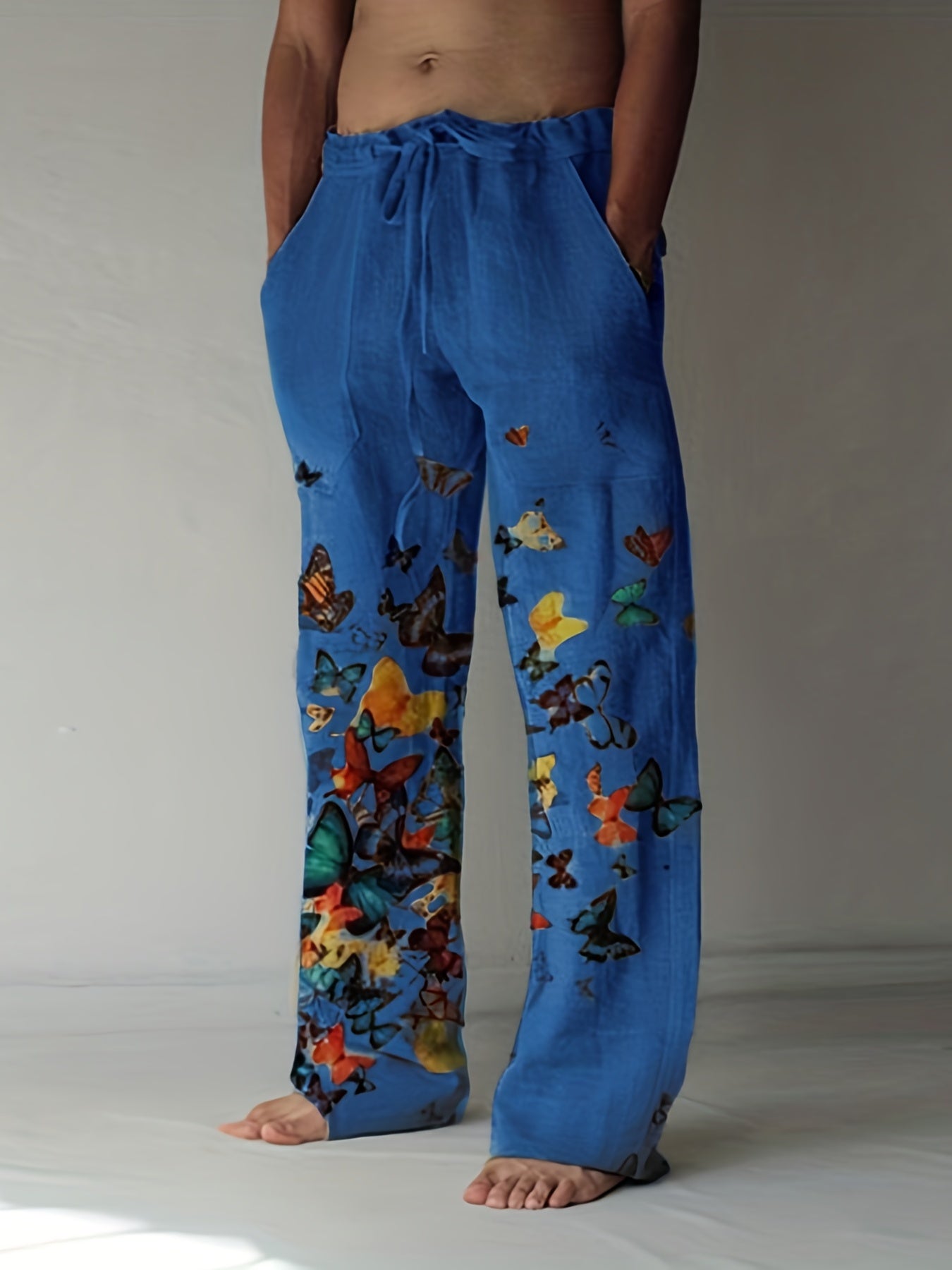 Men's Butterfly Pattern Straight Leg Pants Elastic Waist Beach Trousers