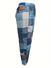  Denim Print Elastic High Rise Loose Fit Trousers