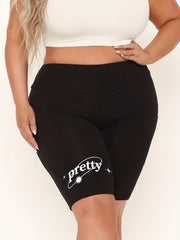 Plus Letter & Flower Print High Rise Biker Shorts