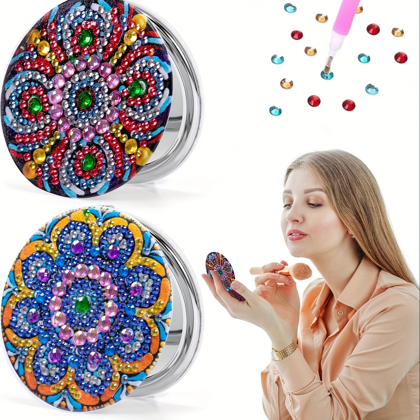 2pcs Floral Diamond Painting Makeup Mirror Double Sided