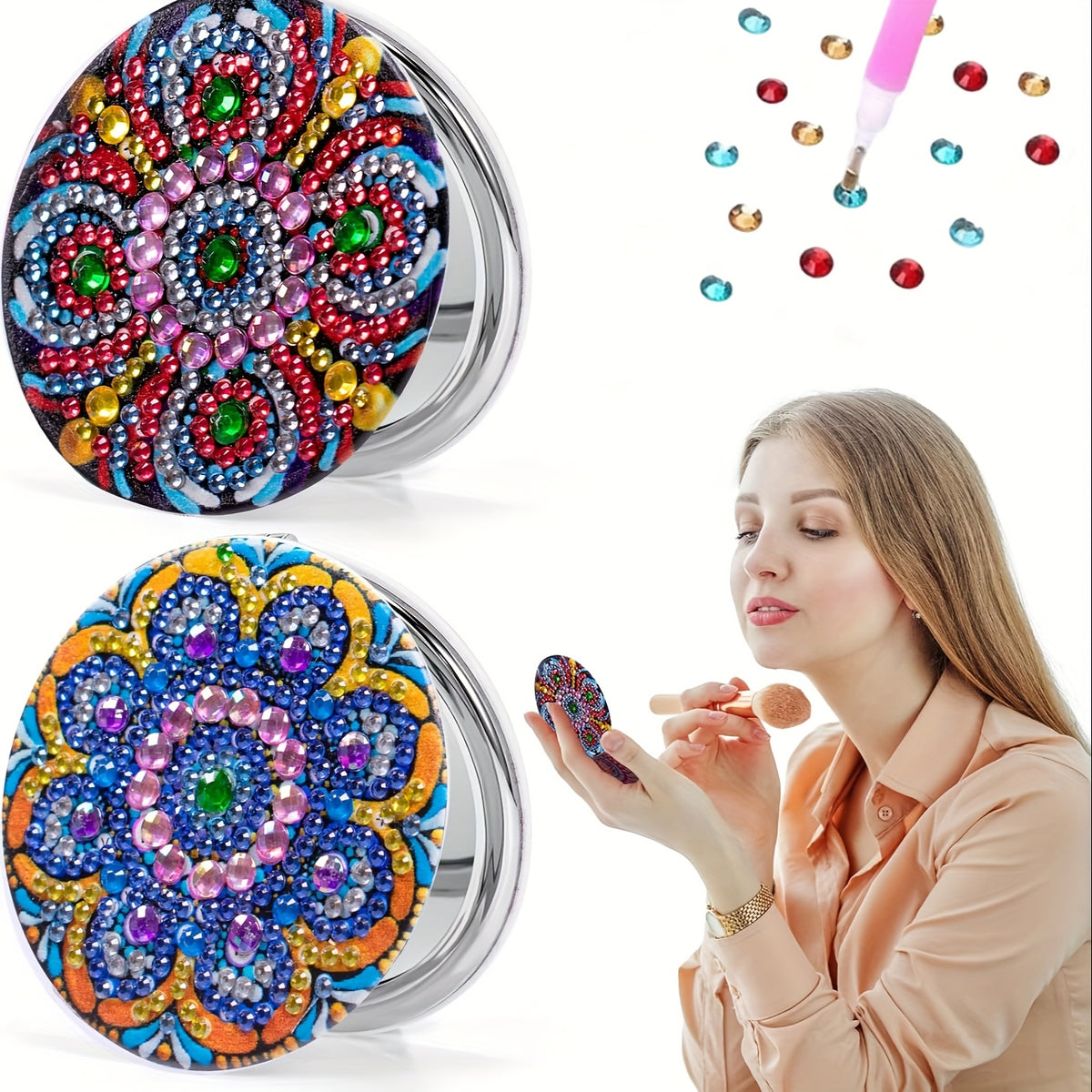 2pcs Floral Diamond Painting Makeup Mirror Double Sided