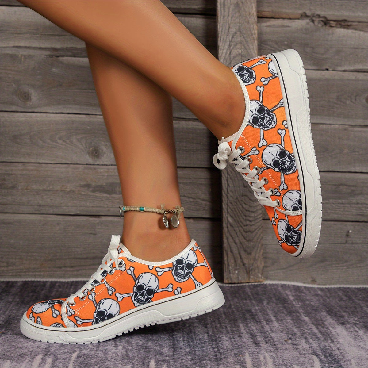 Women's Skull Print Canvas Shoes Casual Lace Up Outdoor Sneakers Lightweight