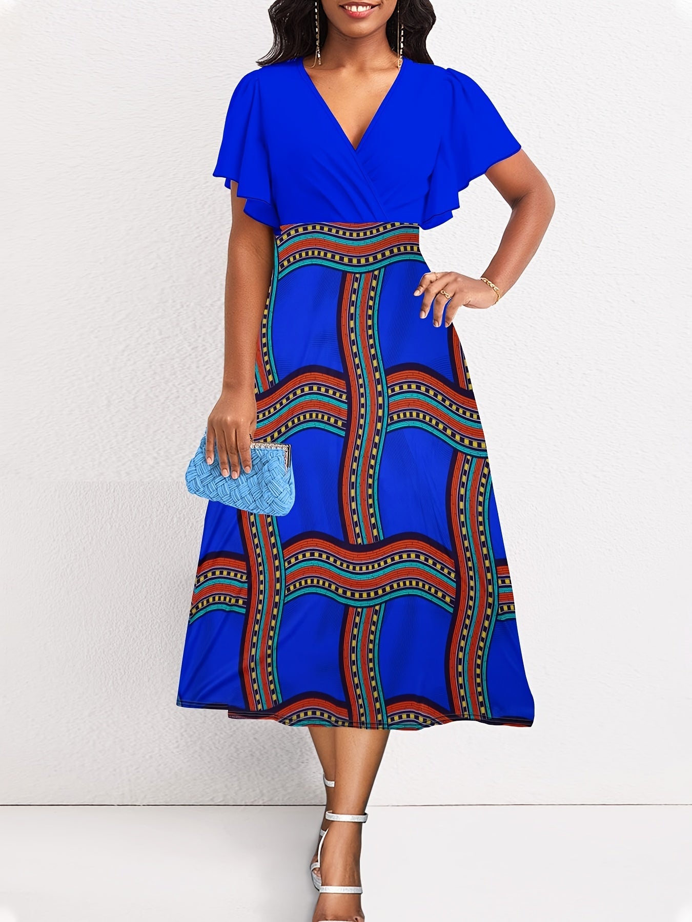  Colorblock Stripe Print Ruffle Sleeve Midi Dress
