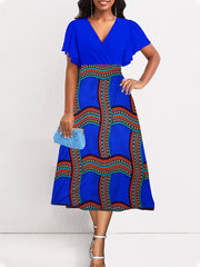  Colorblock Stripe Print Ruffle Sleeve Midi Dress