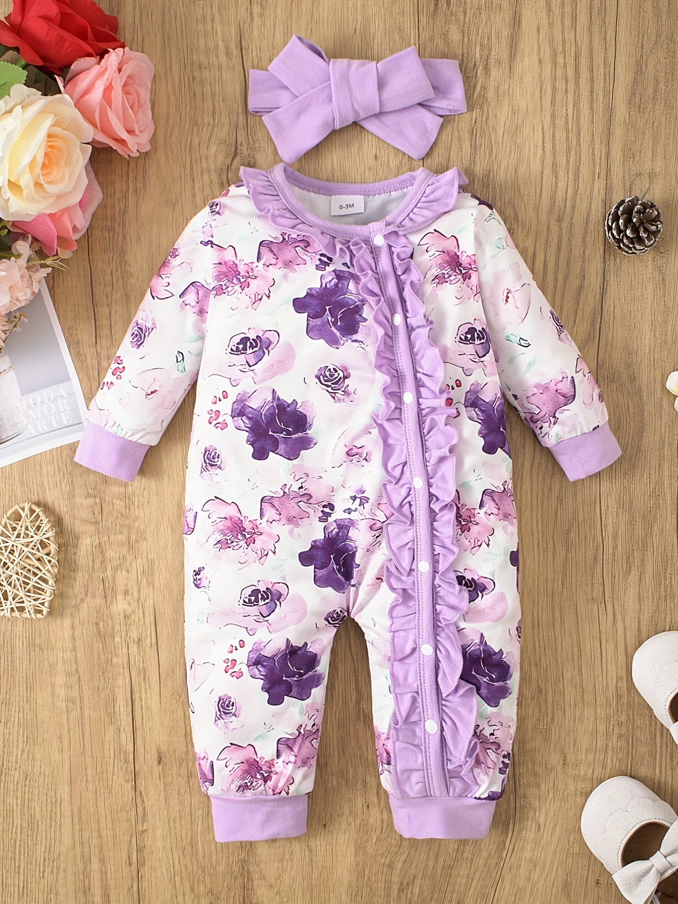 Floral Ruffled Baby Jumpsuit Bandana Set