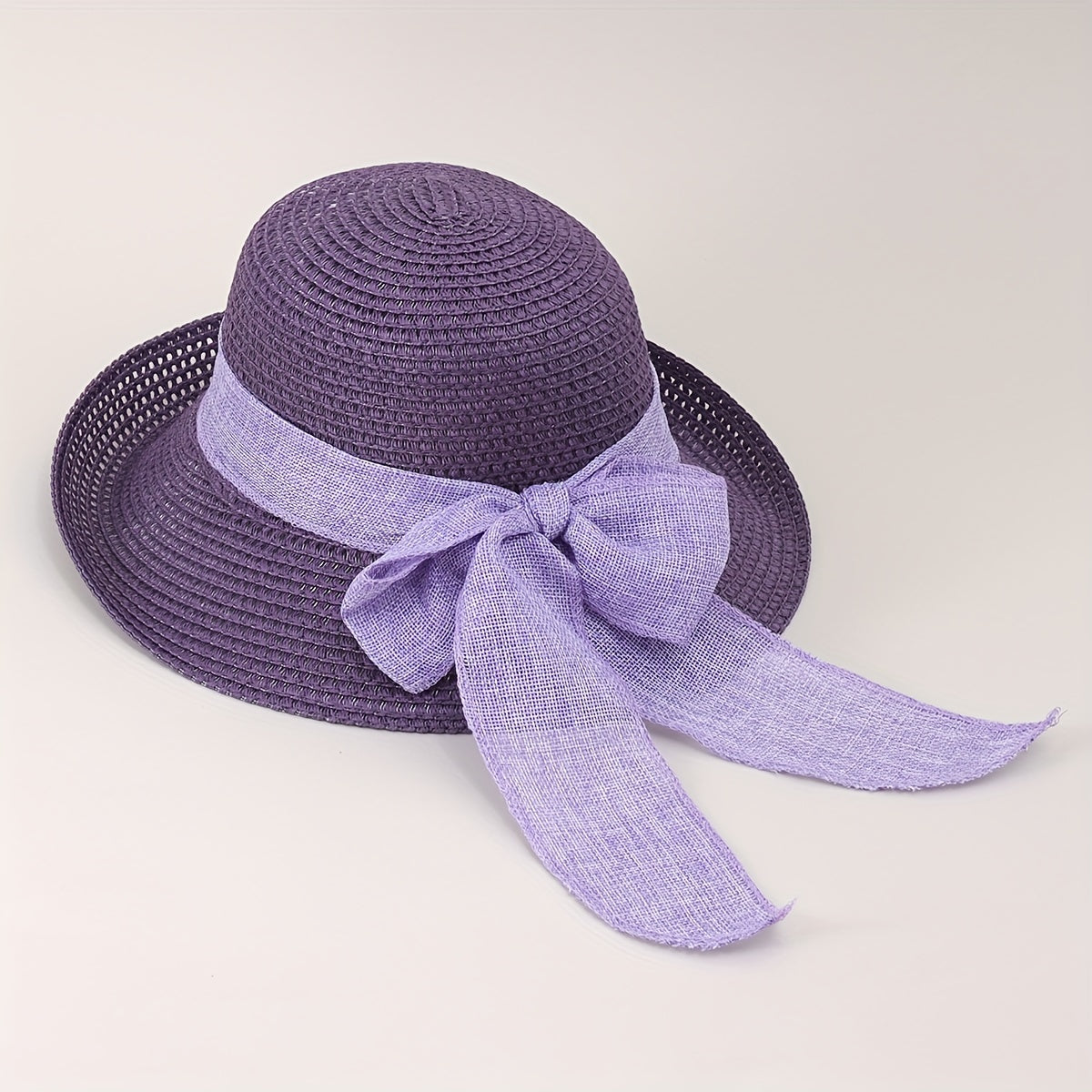 Straw Bucket Hat Bowknot Ribbon Solid Summer Beach Hat